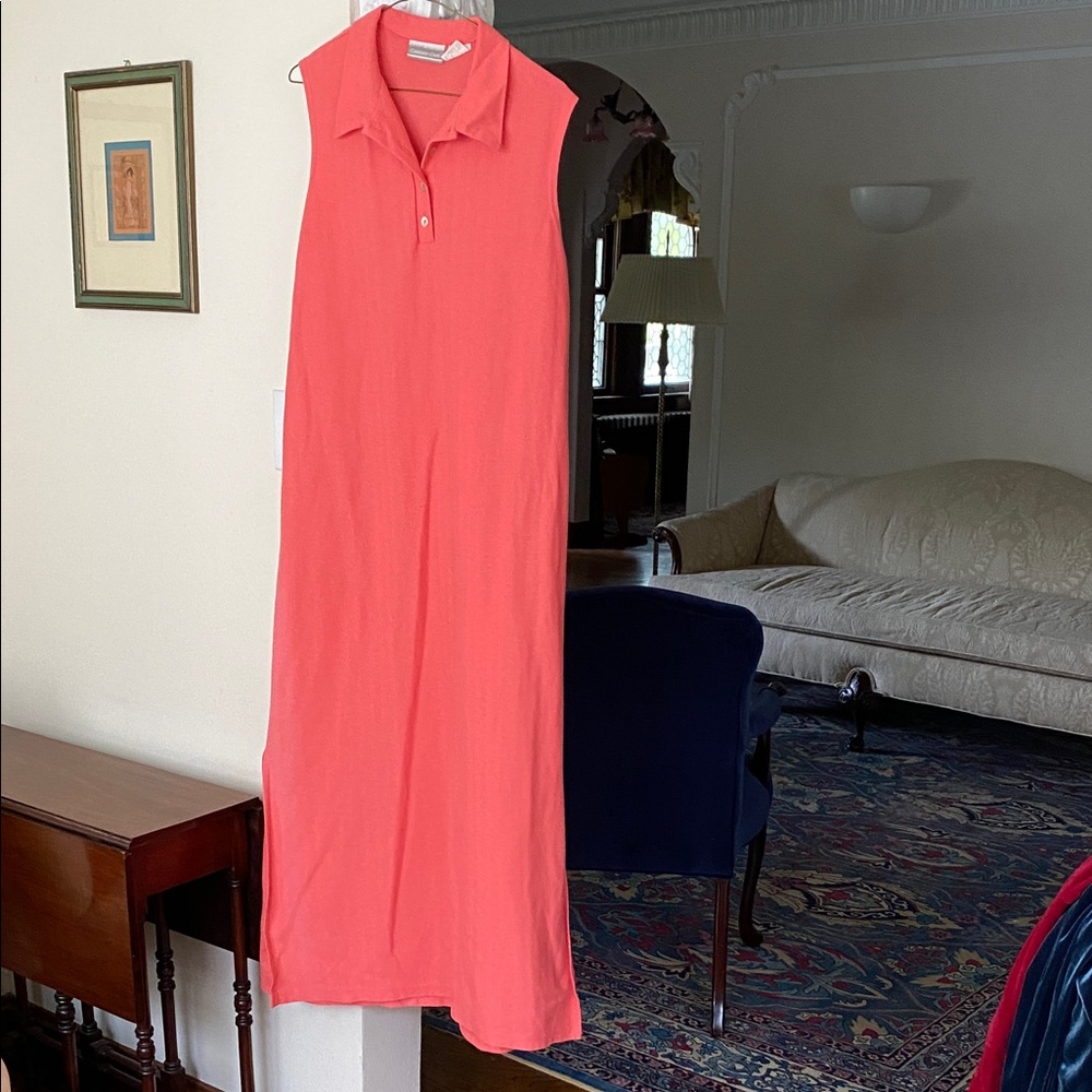 Coldwater Creek Coral Sleeveless Maxi Dress with Polo Style Collar & Side Slit L